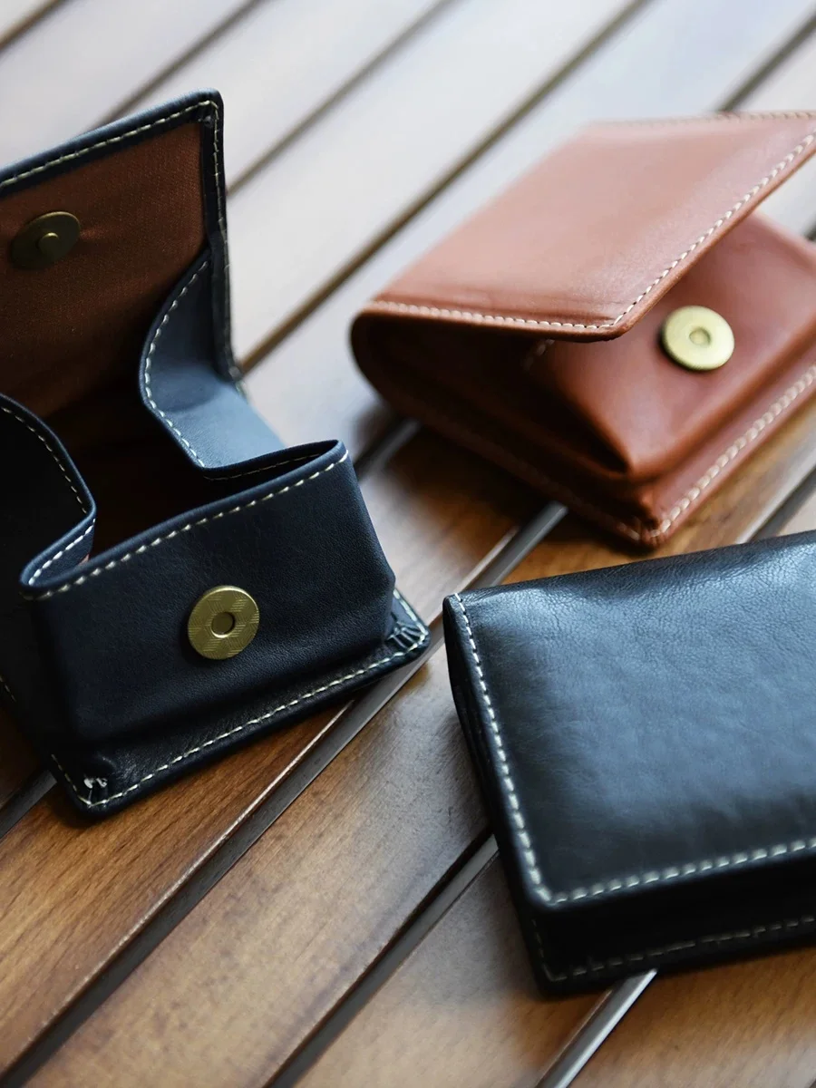 Handmade Genuine Leather Mini Coin Pouch Artistic Portable Earphone Storage Bag Top Layer Cowhide Magnetic Button Coin Holder