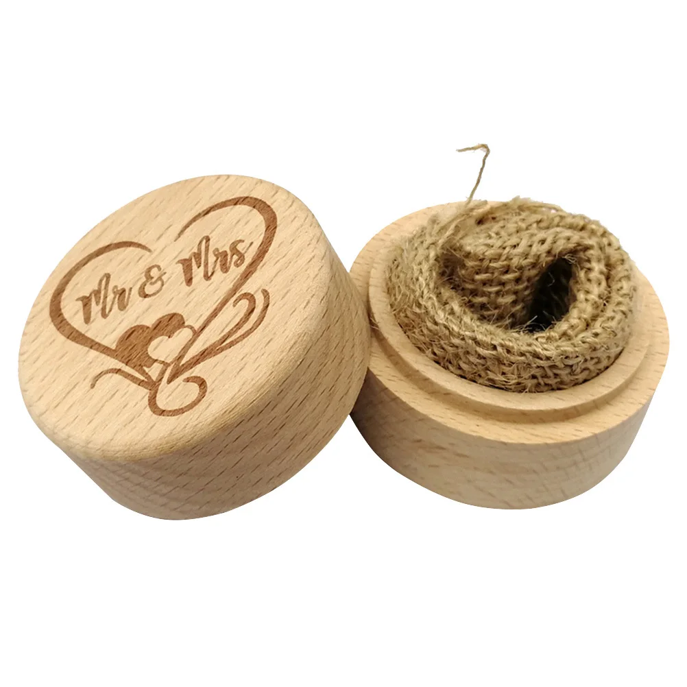 Wooden Vintage Rustic Round Design For Wedding Engagement Rings Holder Mr Mrs Letters Jewelry Storage Display Case Ring