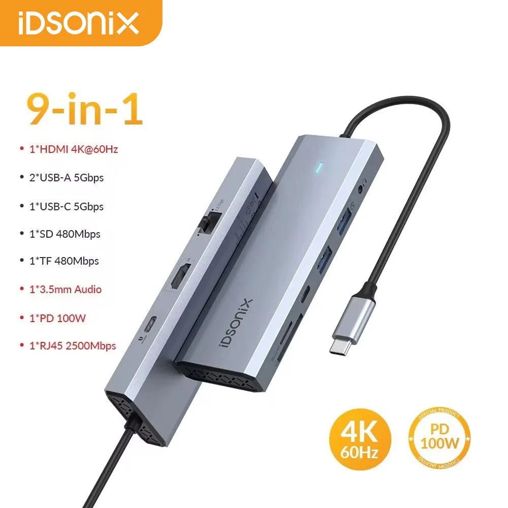 

iDsonix USB C HUB RJ45 2500Mbps Type C USB C HUB Docking Station Adapter with 4K 60HZ HDMI PD 100W for MacBook PC USB C Splitter