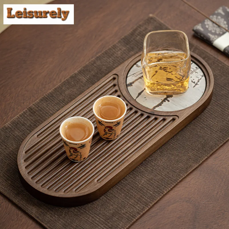 Zen Walnut Wooden Tea Tray Kung Fu Tea Small Dry Bubble Tray Tea Table Accessories Painting Stone Water Storage Tea Board Teaset