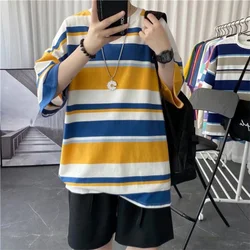 Summer Loose Casual Oversized Men's Clothing Hong Kong Breeze Striped Printed Short Sleeve Round Neck Trend All-match T-shirt