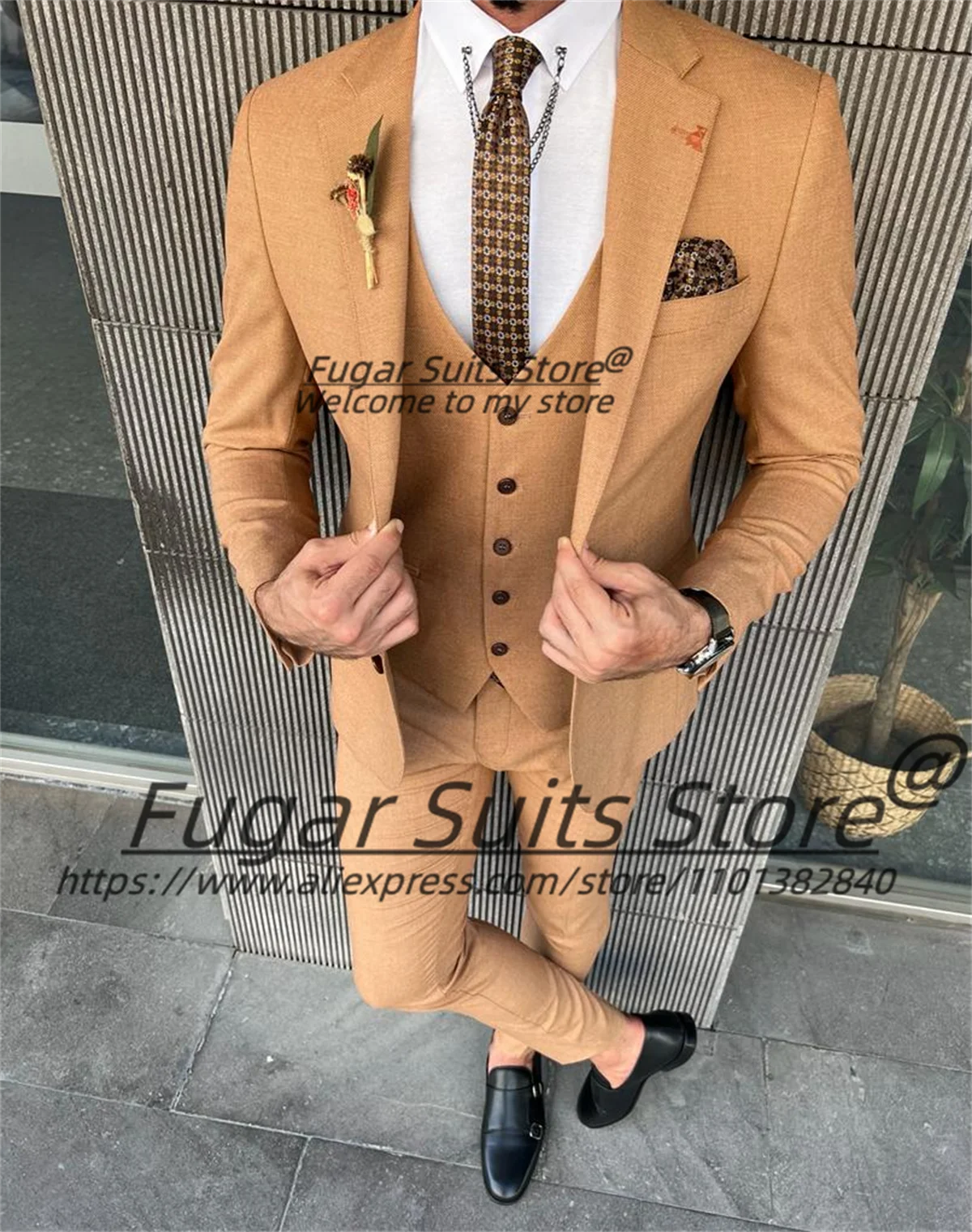 Fashion Orange Elegantg Wedding Suits For Men Slim Fit Notched Lapel Groom Tuxedos 3Pieces Sets Classic Male Blazers Ropa Hombre