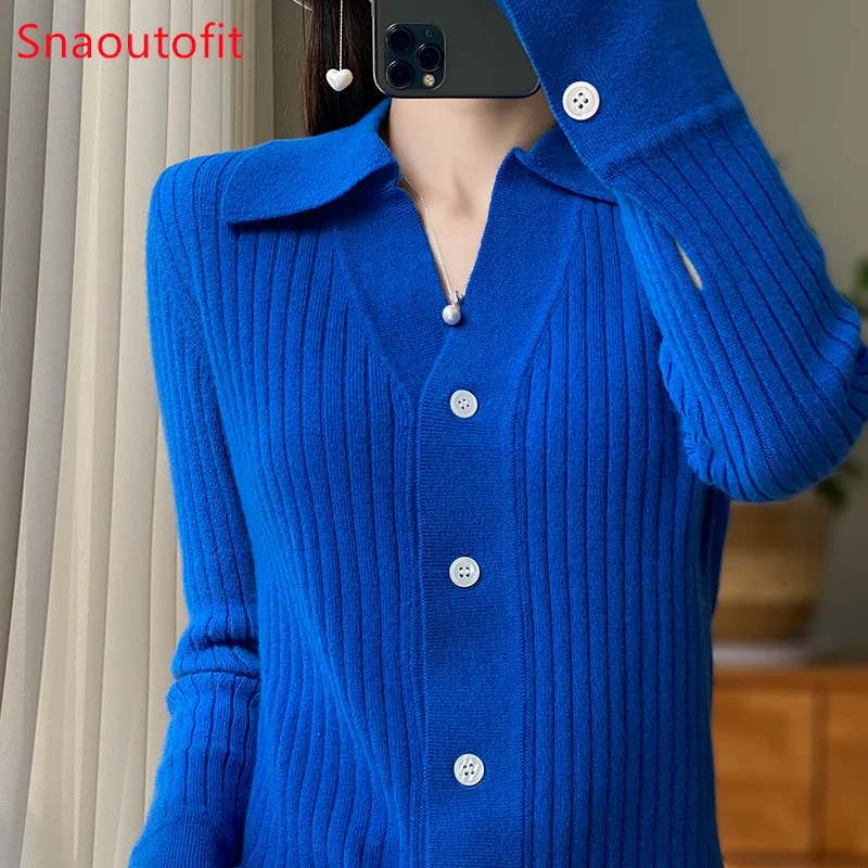 100% Wool Cardigan POLO Neck Solid Color Knit Sweater for Women Autumn Winter Fashion Formal Loose Cashmere Coat Niche Chic Top