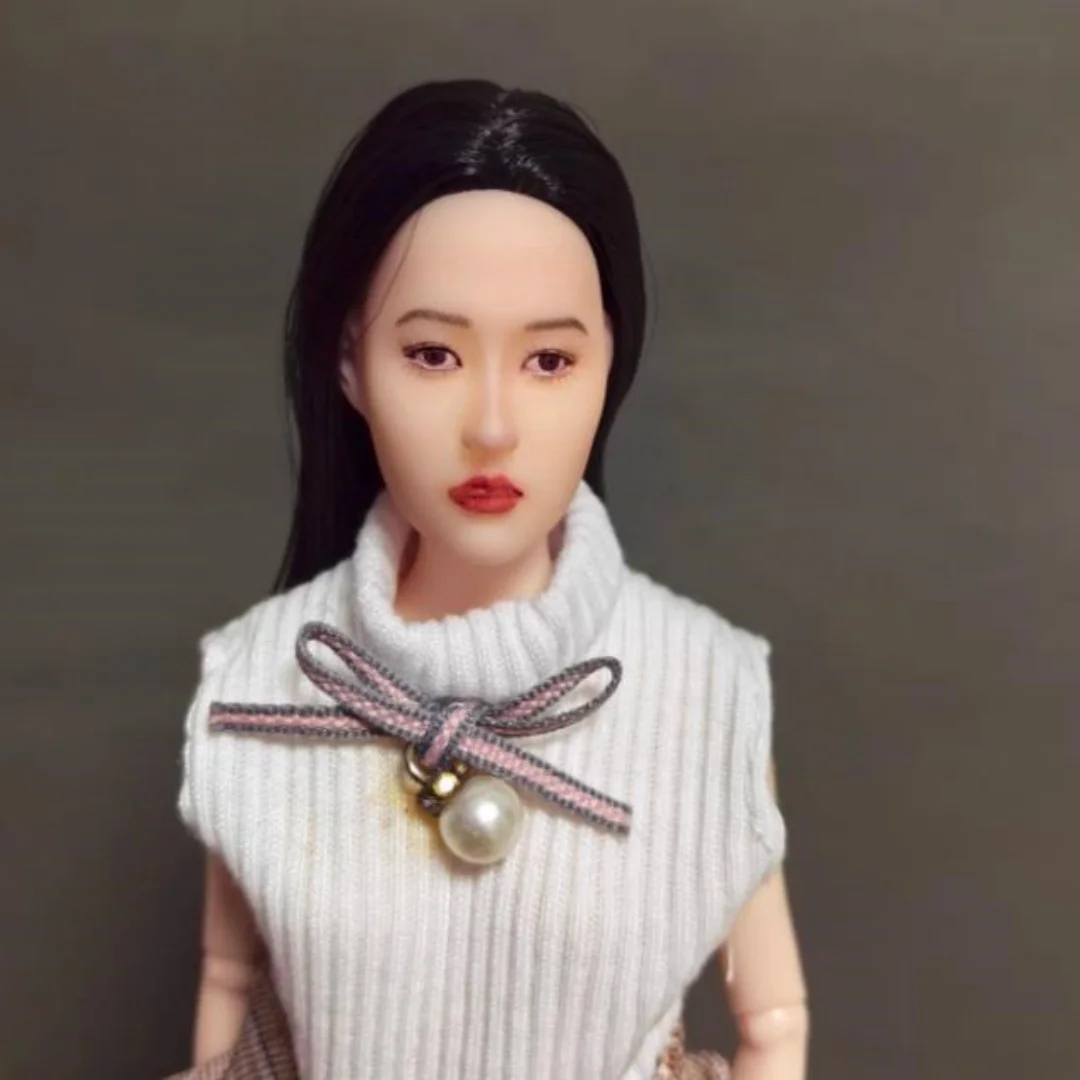 

1/6 Female Pale Head Sculpt Black hair Expression Black Hair Fit 12'' Female PH TBL Figure Body model toys
