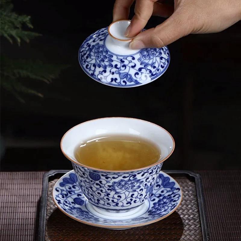 170ml Jingdezhen Ceramic Gaiwan Teacup Handmade Tea Tureen Blue and White Porcelain Tea Bowl Chinese Porcelain Tea Accessories