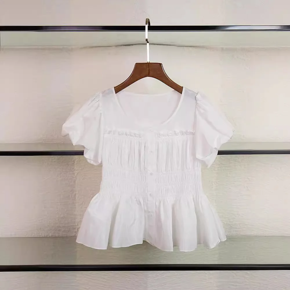 

Летняя женская блузка MaSande 2024 с пышными рукавами, плиссированной талией, однотонная, с круглым вырезом, из 100% триацетатного волокна