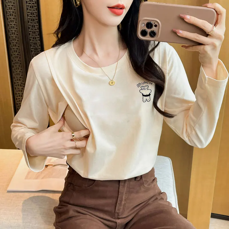 

100% Cotton Breastfeeding T-shirt Autumn Winter New Postpartum Mom Loose Cute Long Sleeve Nursing Tops for Pregnant Women Youth