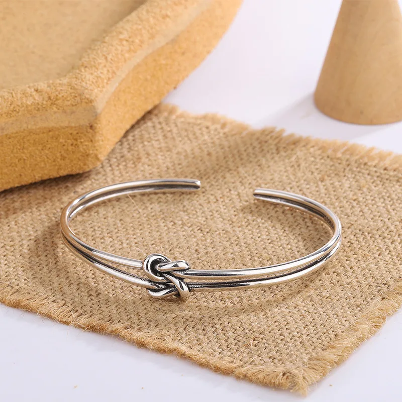 European Retro Personality Rope Buckle Two Thread Knotting Bangle Fashion 925 Sterling Silver Popular Opening Bracelets   TYB194