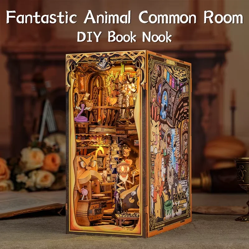 CUTEBEE DIY Book Nook Wooden Dollhouse with Touch Light Magic Theme Bookshelf Insert Decor for Gift Fantastic Animal Common Room