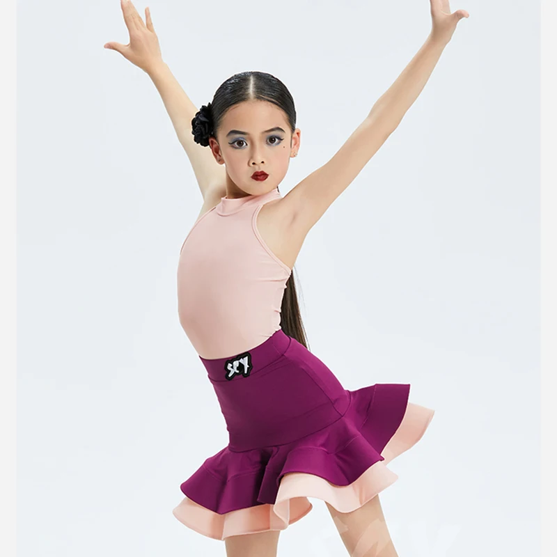 Body senza maniche per danza latina per bambina e gonna a lisca di pesce, costume da ballo per sala da ballo, rumba, abbigliamento da ballo
