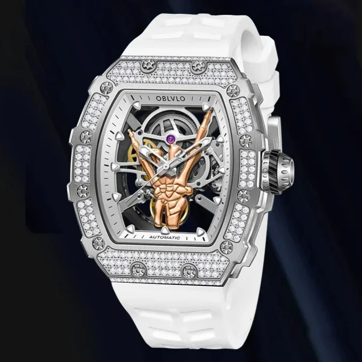 

OBLVLO Men Automatic Watch Tonneau Mechanical Wristwatch Luminous Waterproof Sapphire Mirror Skeleton Finger Dial Rubber Strap