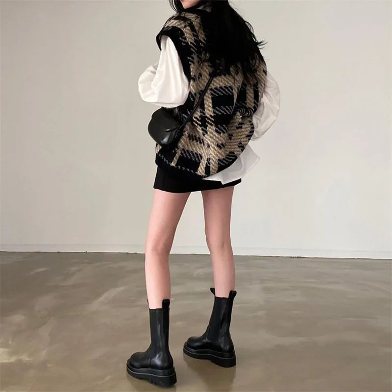 سترة كلاسيكية منقوشة سترة للنساء الكورية الخامس الرقبة أكمام البلوز البلوزات السيدات Harajuku Y2K المرقعة محبوك صدرية