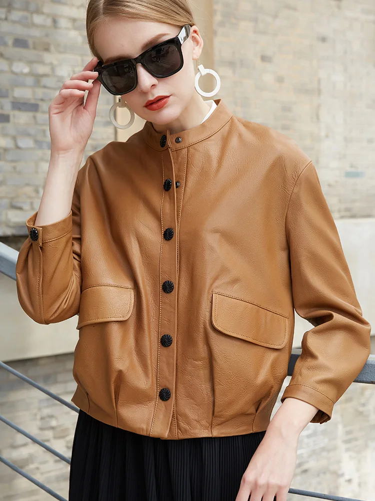 2024 Spring New Genuine Leather Jacket Women Drop Shoulder Sleeve Single breasted Sheepskin Loose Motorcycle Real Leather Coat