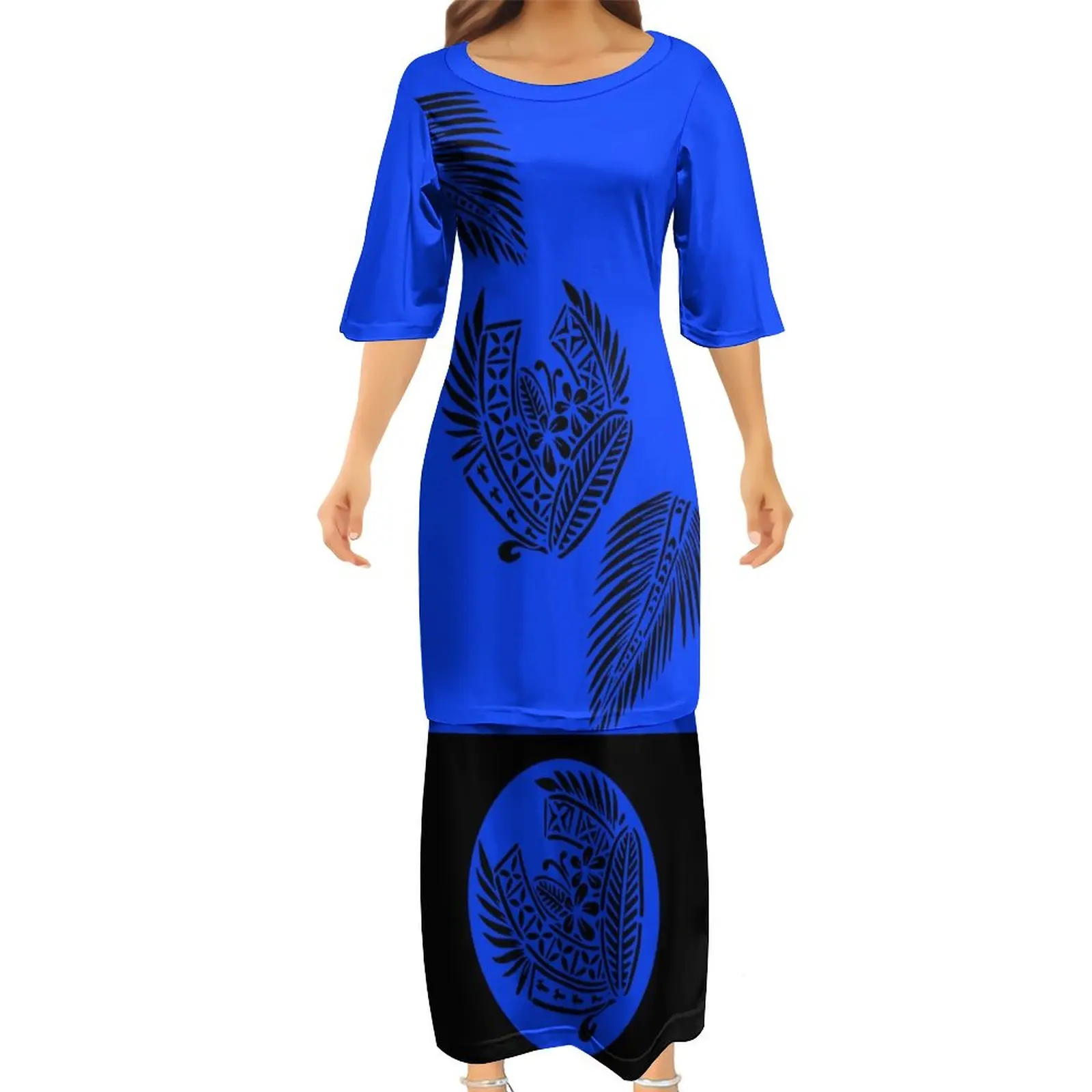 Hawaii Style Polynesian Printed Casual Dresses Puletasi 2 Pc Set Top And Skirts Summer Oversize Half Sleeve Women Dress