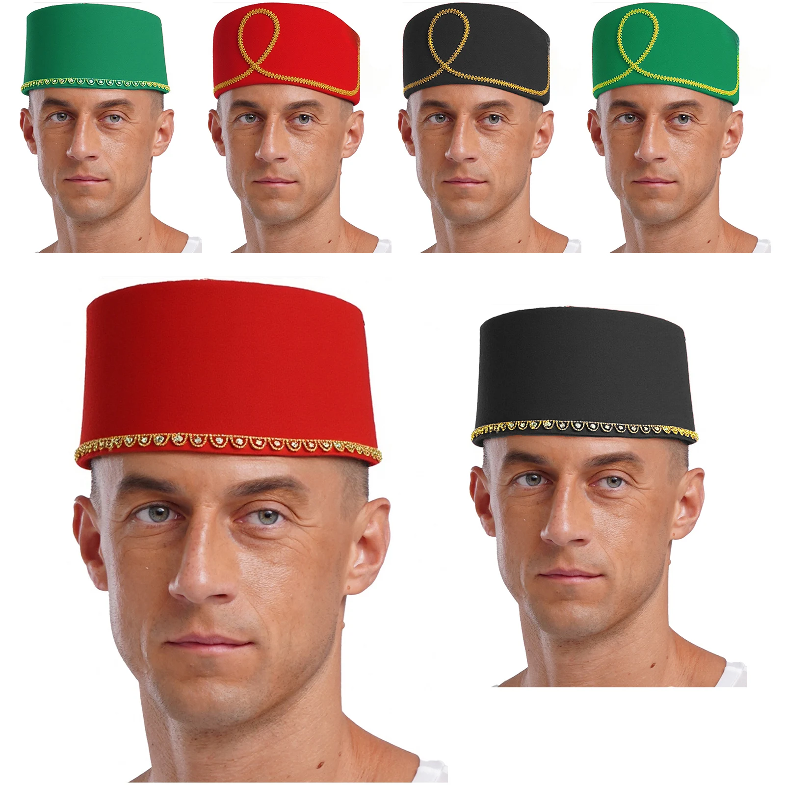Turkish Hat Headwear with Gold Trim Breathable Tassels Tarboosh Fez Hat Moroccan Hat for Halloween Cosplay Costume Accessories view 2
