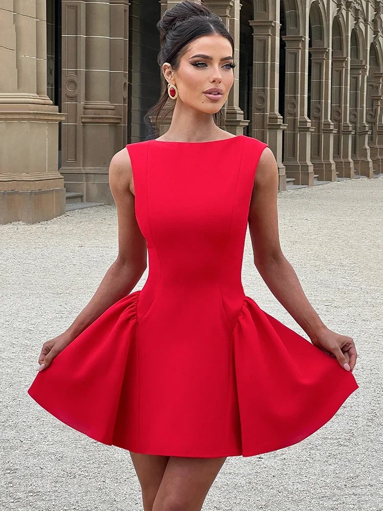 バックレスハイウエストAラインセクシーミニドレス レディース ローブ ファッション 無地 Oネック ボディコン クラブ パーティー セクシーワンピース エレガント