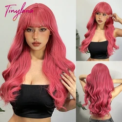 Pelucas sintéticas onduladas largas y rizadas para mujer, pelo de Cosplay de Lolita con flequillo, color rosa y rojo, peluca Natural resistente al calor para fiesta