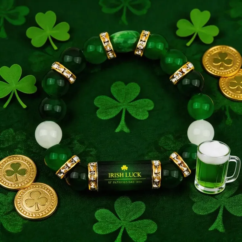 Irish Luck St. Patrick's Day Green Agate Lucky Clover Beaded Bracelert for Women Natural Stone Bracelet Jewelry Gifts - view 2