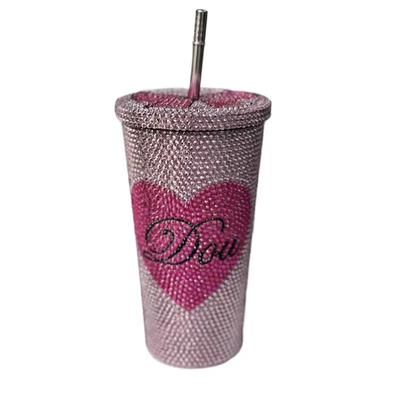 Taza de paja con incrustaciones de diamantes de imitación, taza de café de cristal aplicada a mano, termo de acero inoxidable, botella de agua, matraz de vacío con lazo rosa