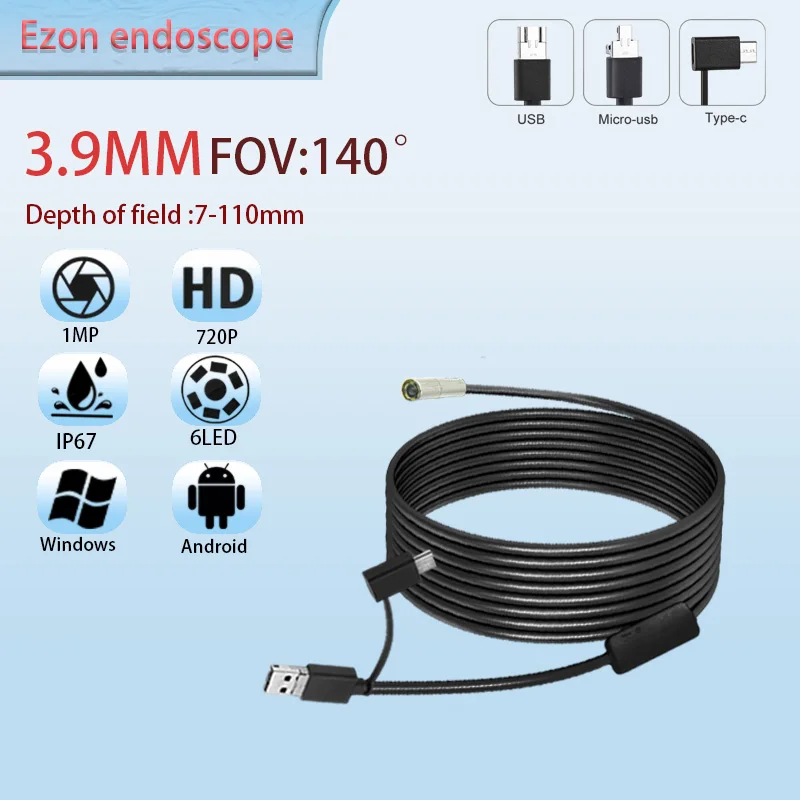 

1MP 3.9mm 140° Wide Angle Endoscope Camera for Pipeline Inspection 1.5m USB Type-C Android 3-in-1 Soft Cord Industrial Endoscope