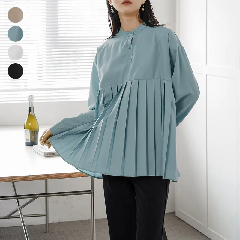 New 4-color spring loose solid color pleated shirt women's mid-length bottoming shirt real shot hot style