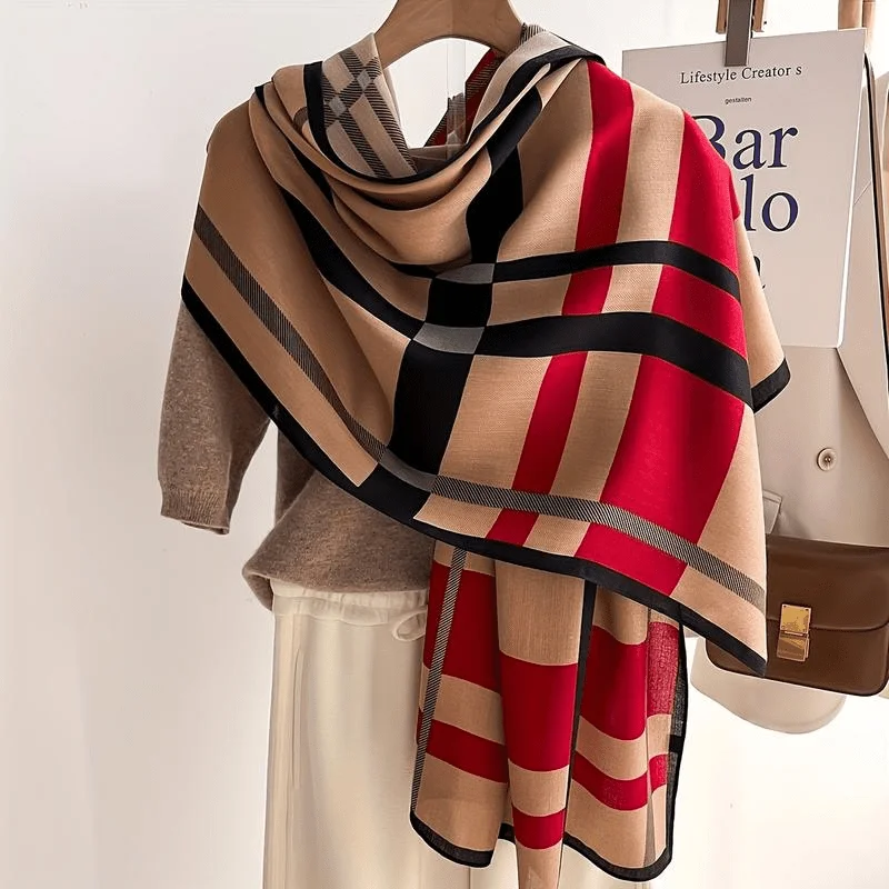 [Soft Scarf] Soft Warm Color Block Striped Scarf 1 piece Shawl Women's Casual Outdoor Shawl
