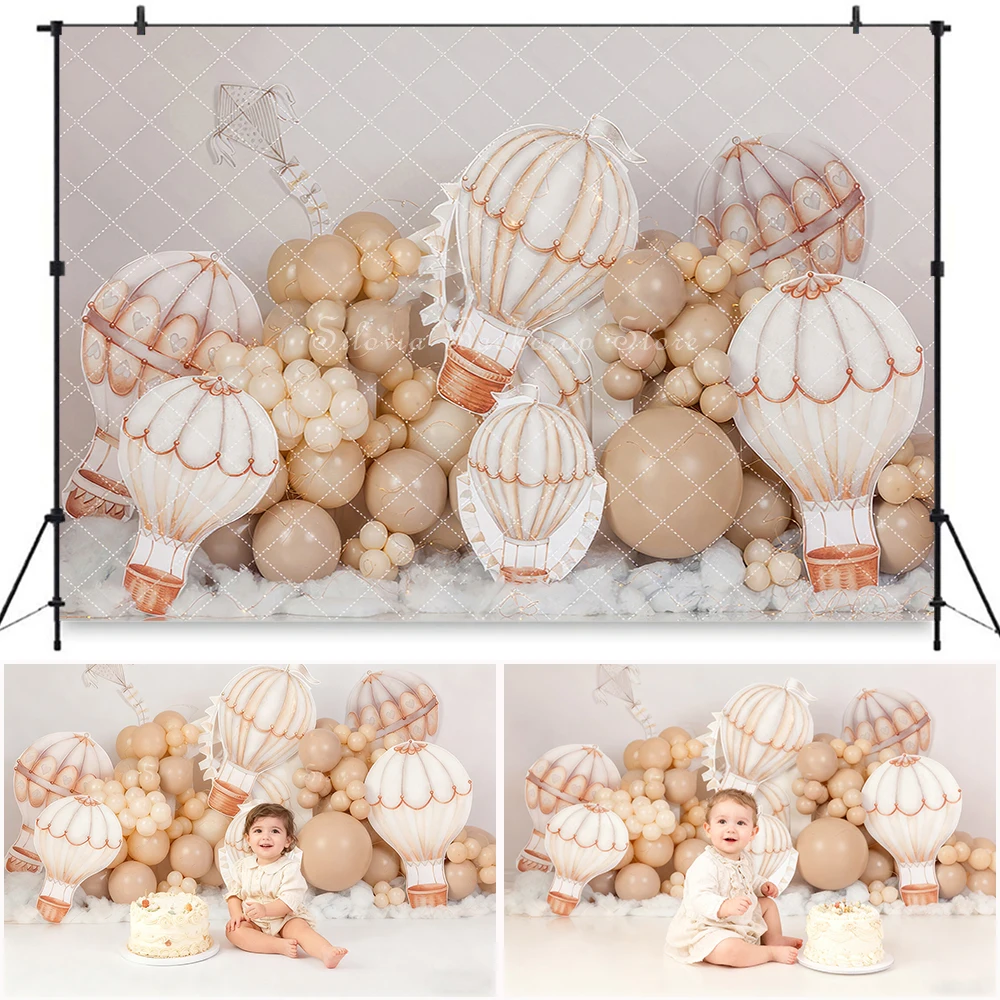 

Up Up Away Hot Air Balloon Photo Background Kids Baby Birthday Cake Smash Photography Backdrops Photocall Photo Studio Props
