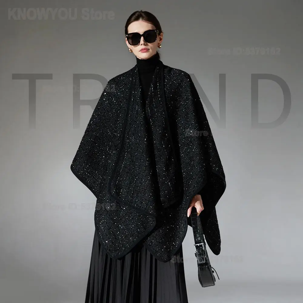 2026 Autumn Winter Women European Black Sequin Tweed Wool Cape Shawl, Elegant Style Warm Outerwear Wrap