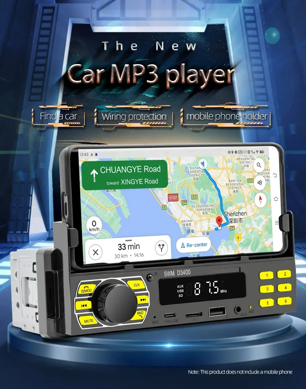 1Din Car Radio Player MP3 Bluetooth USB TypeC TF AUX Car Phone Stand Car Multimedia Player