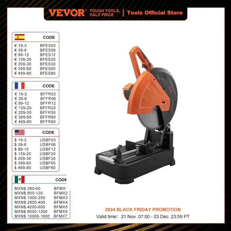 

VEVOR 2800W Chop Saw 14"/355mm Blade Diameter Cut Off Saw 1200RPM Steel Cutting Machine 0-45° Adjustable Dry Cut Chop Saw