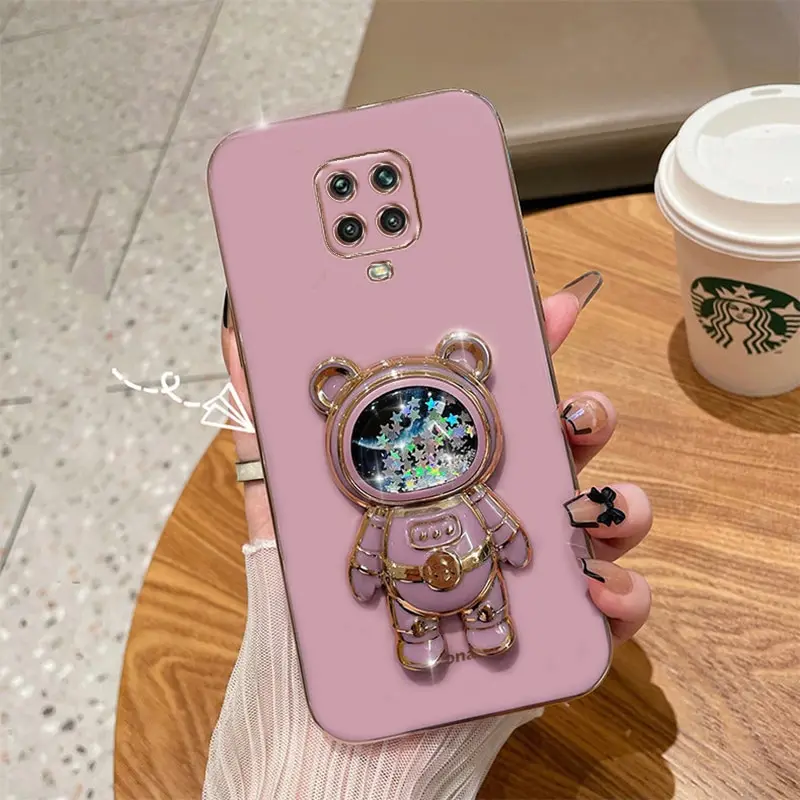 Phone Case for Xiaomi Redmi Note 9S Redmi Note 9 Pro Redmi Note 9 Pro Max Luxury Plating Quicksand Cartoon Bear Fold Stand Cover