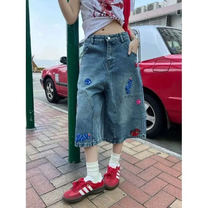 

Washed Cotton Polyester Wide Leg Jeans Shorts Women's Summer Loose Fit Straight Cut Cartoon Embroidery High Street Style