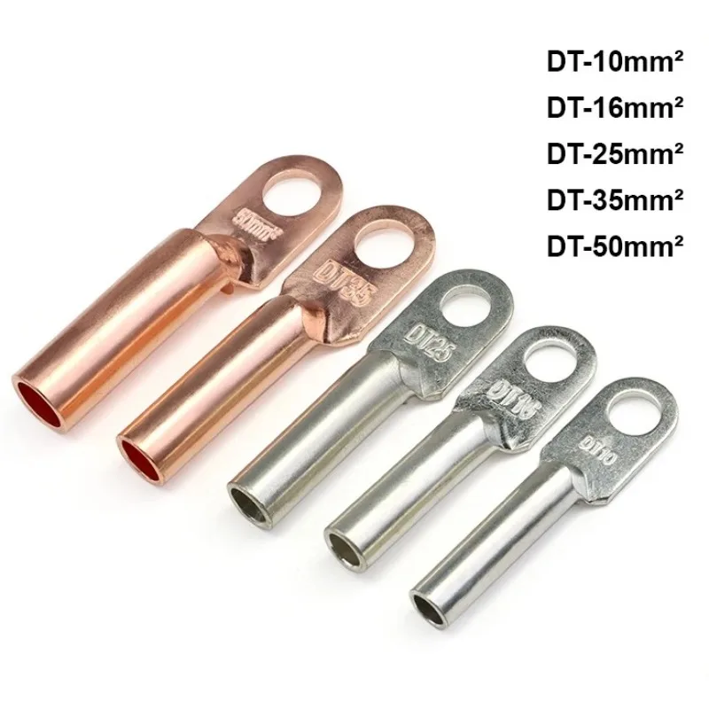 Silver/Gold DT Copper Tube Crimp Terminals DT-10 DT-16 DT-25 DT-35 DT-50 Terminal Blocks Cable Connectors Bare Bolt Holes