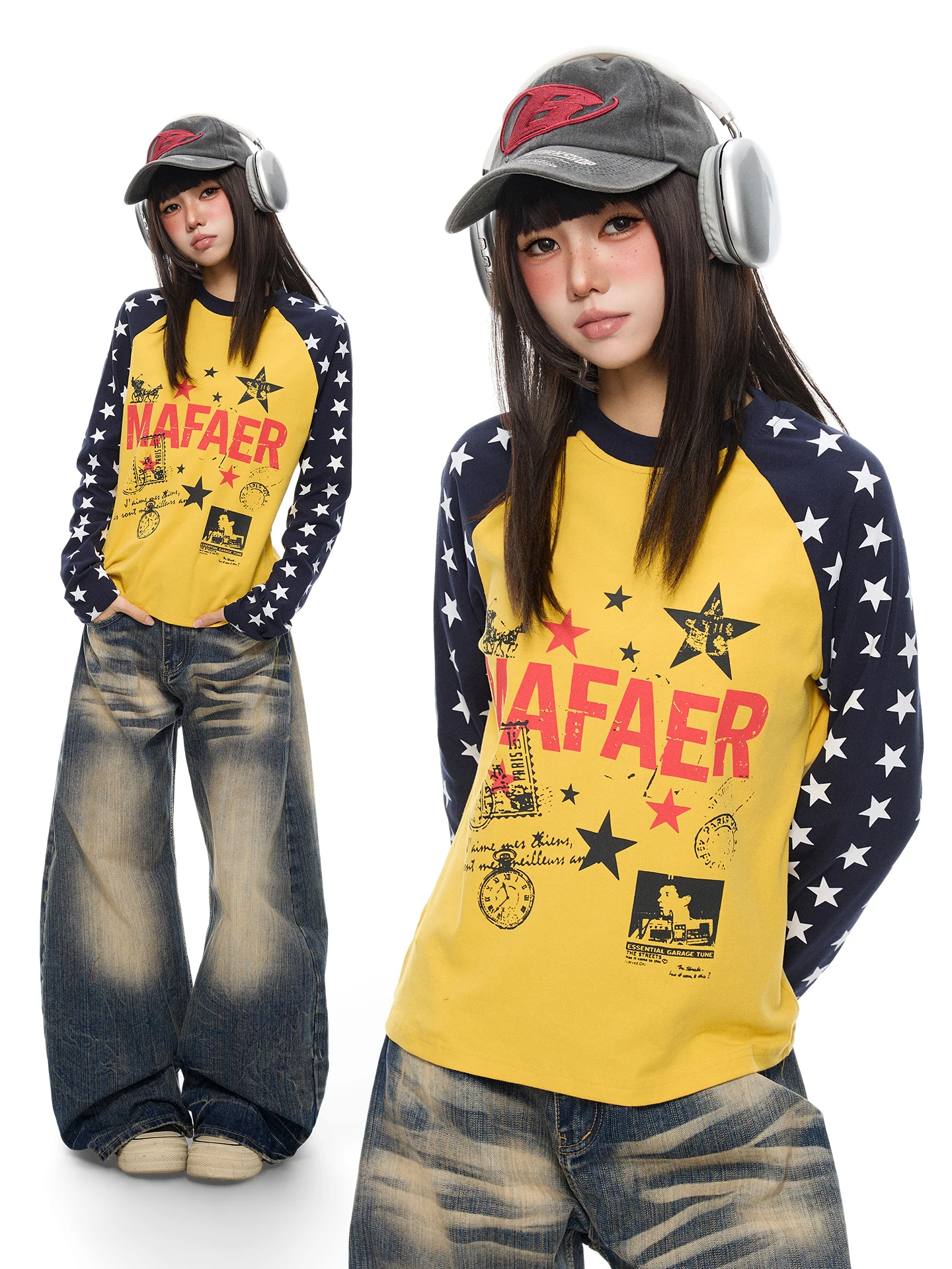 K787 Short Sleeveless T-shirt Women's Print Cotton Long Sleeve Top Star Splicing Lightweight Autumn Fashion Versatile Youthful