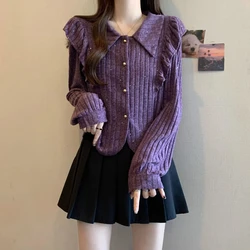 Purple Ruffled Long Sleeved Shirt Women's New Style Loose Design Slim Fit Slimming and Chic Top
