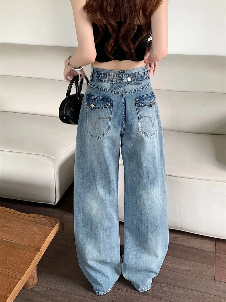 

Blue High Waist Wide Leg Denim Jeans Women's Summer New Style Casual Embroidered Pockets Straight Leg Pants Versatile Loose Fit