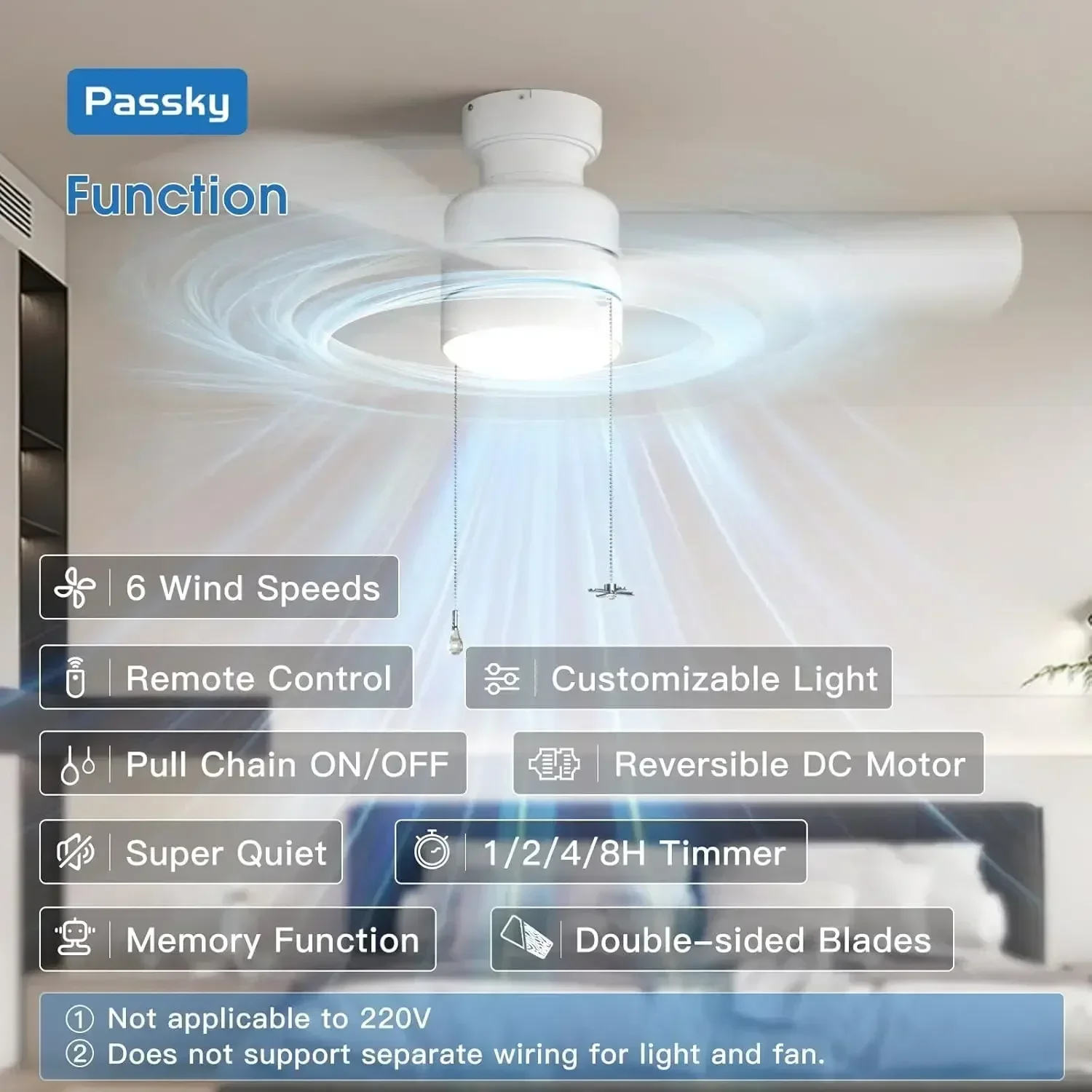 Ceiling Fans with Lights, 42 inch Low Profile Ceiling Fan with Pull Chain and Remote Control, Flush Mount, Reversible, 5C
