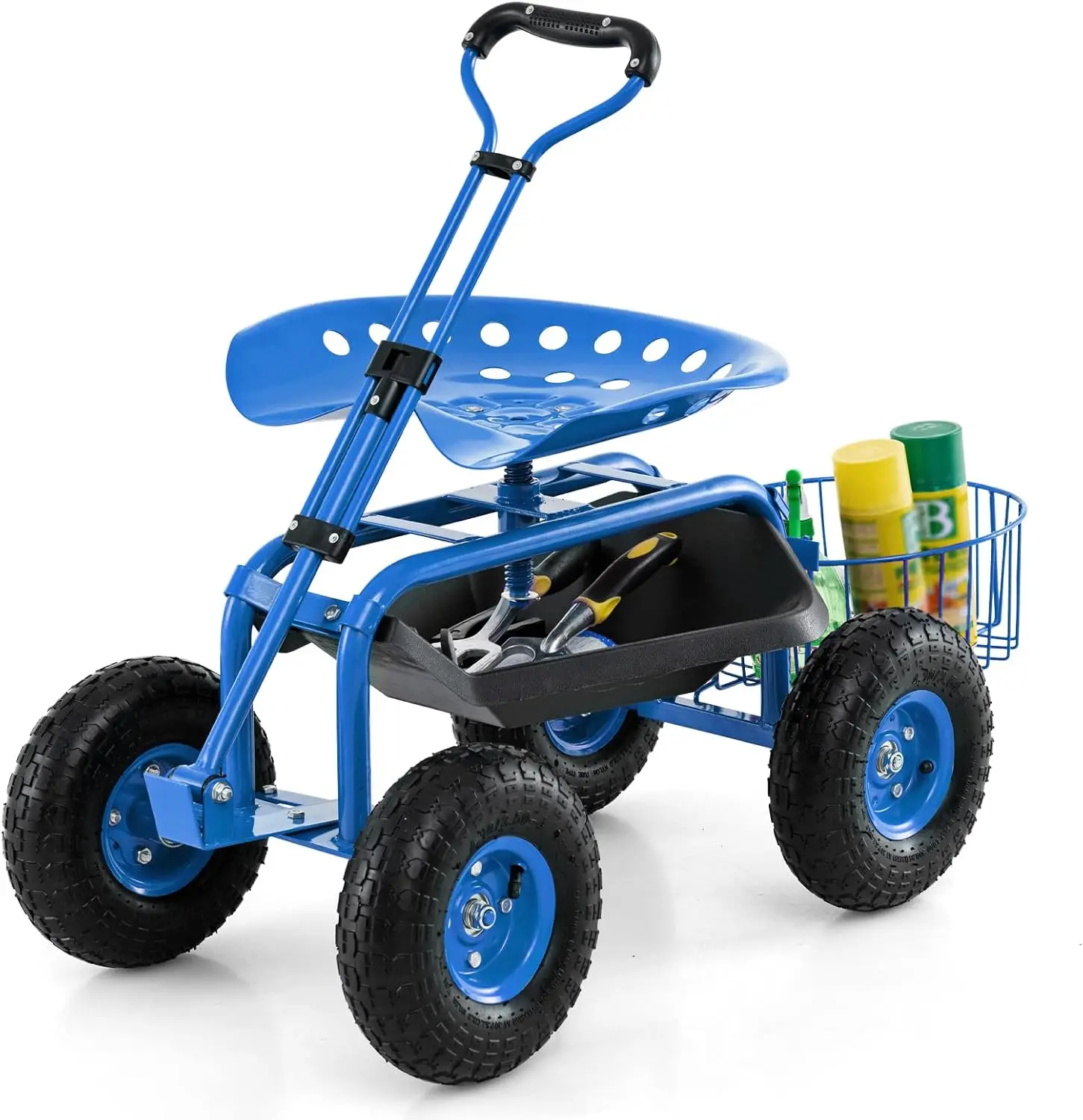 Rolling Garden Cart with Seat, Outdoor Garden Stool with Wheels, Tool Tray & Basket, Adjustable Steering Handle, 360 Degree