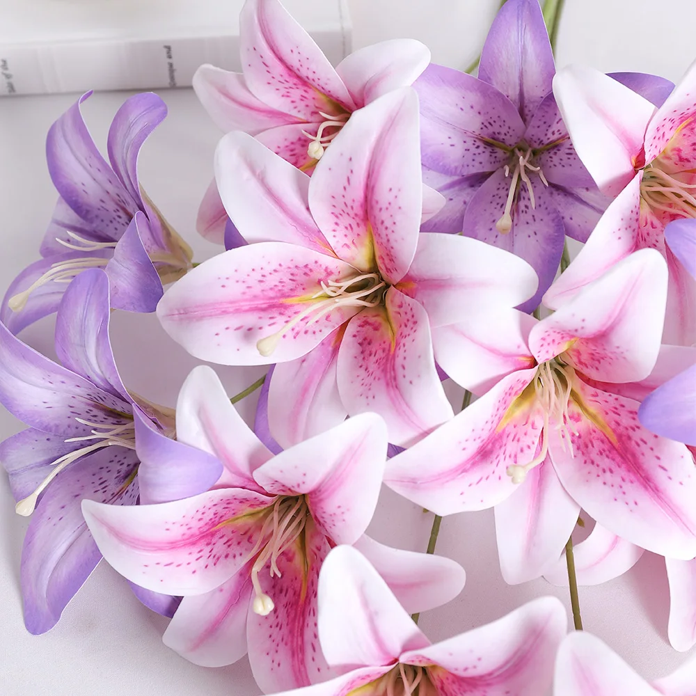 3 künstliche Lilienköpfe, künstlicher Blütenstrauß, Party- und Heimdekoration, Fotografie-Requisiten, DIY-Pflanze, Hochzeitsdeko, Vasenornament – Detail 9