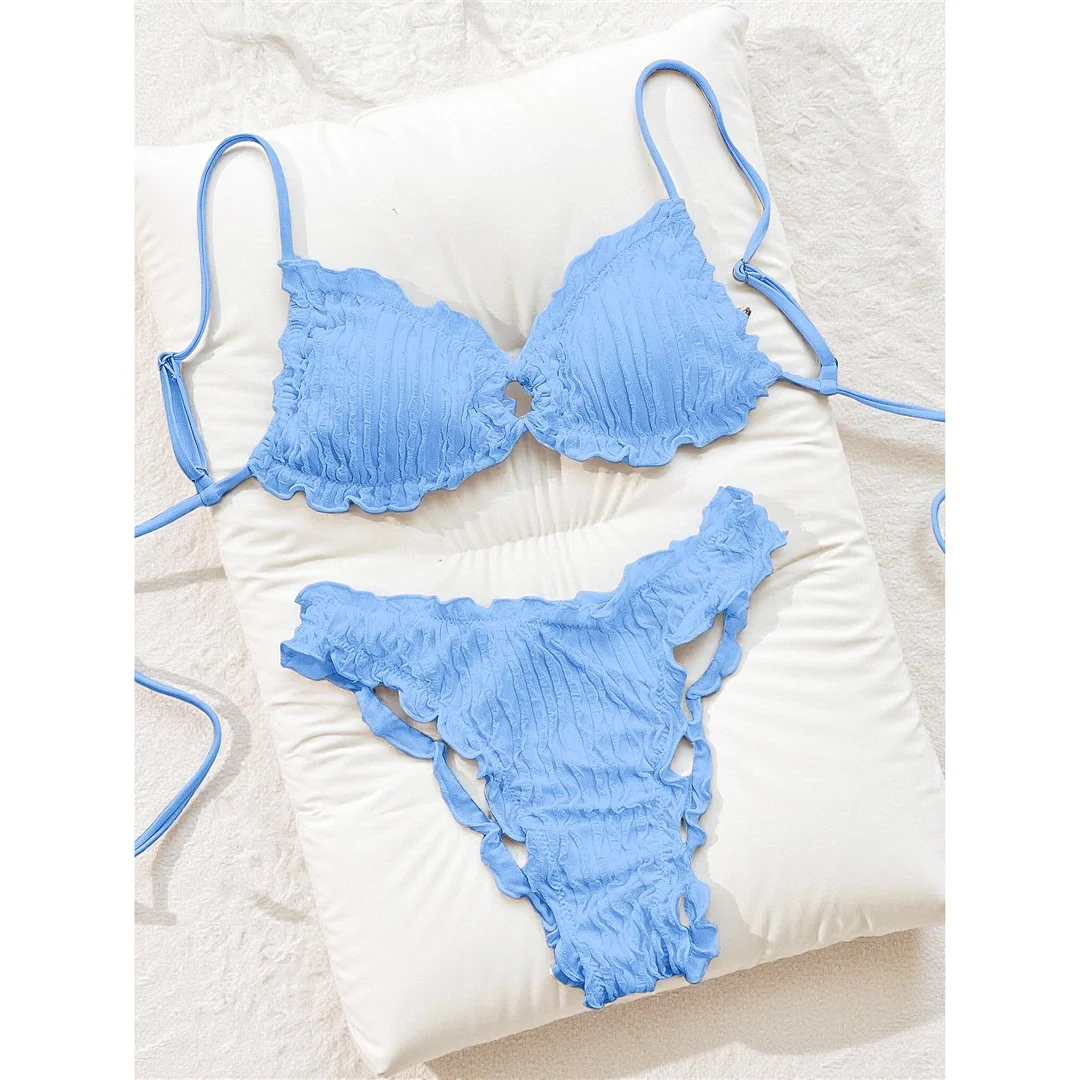 Gefalteter, geraffter, brasilianischer Bikini, Damen-Badeanzug, zweiteiliger Bikini-Set, Badebekleidung, Badeanzug, Schwimmanzug V8053B – Detail 14