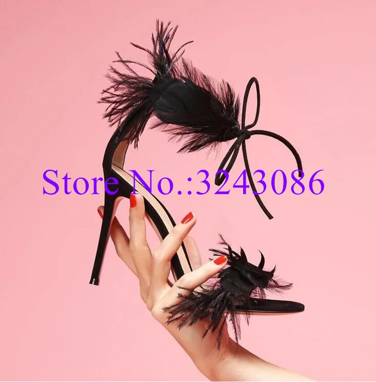 Sexy Black Feather Woman Sandals Fashion Peep Toe Lace-up Thin Heel Pumps Party Shoes Lady Popular Banquet Shoes High Heels