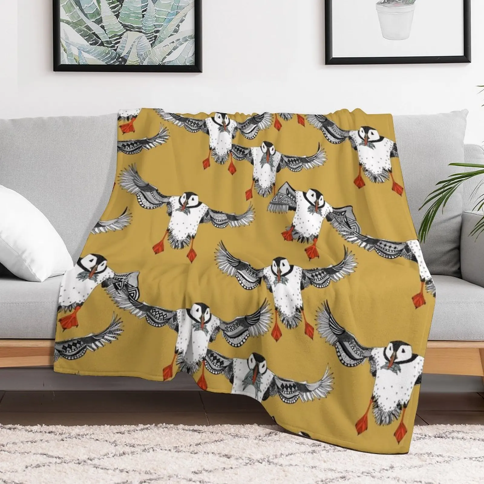 Atlantic Puffins gold Throw Blanket Multi-Purpose Flannel Fabric blankets ands Blankets