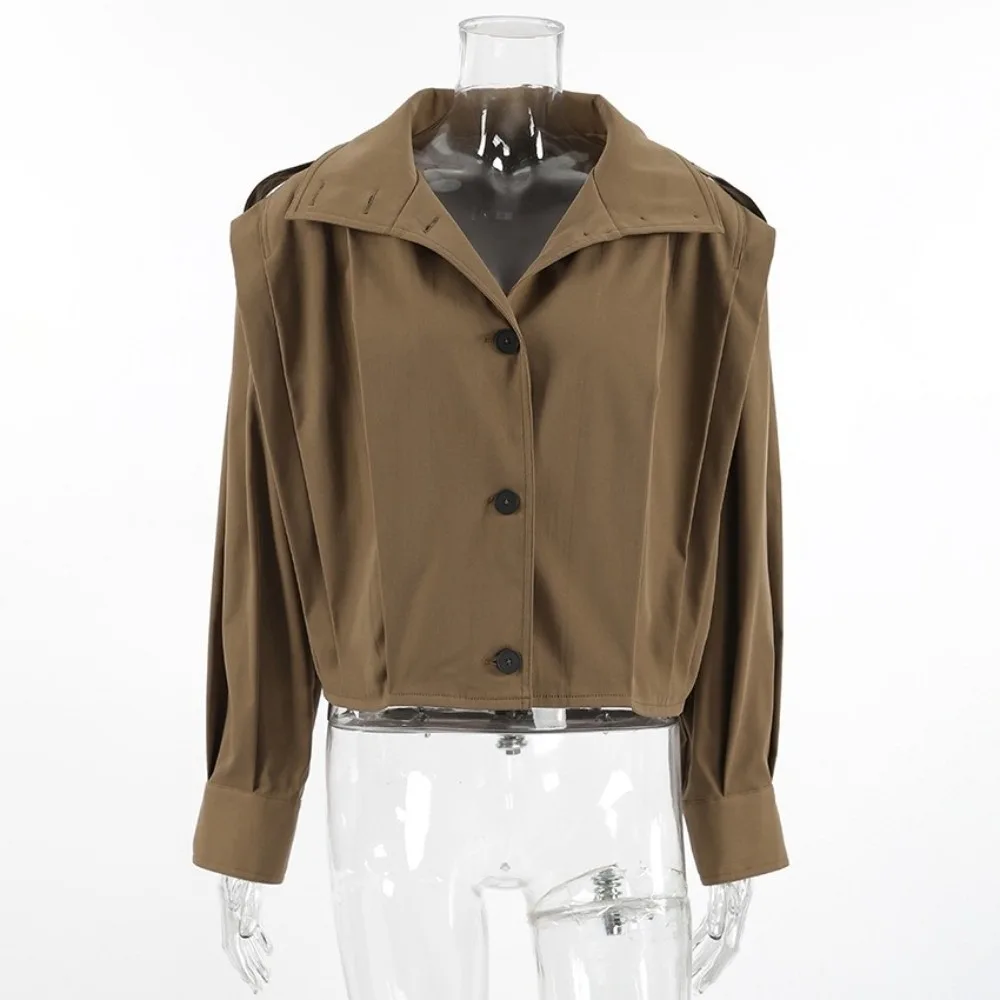 Khaki Women Cropped Trench Jacket Lapel Collar Loose Fit Cropped Windbreaker Cropped Length Strap Cuff Casual Outerwear