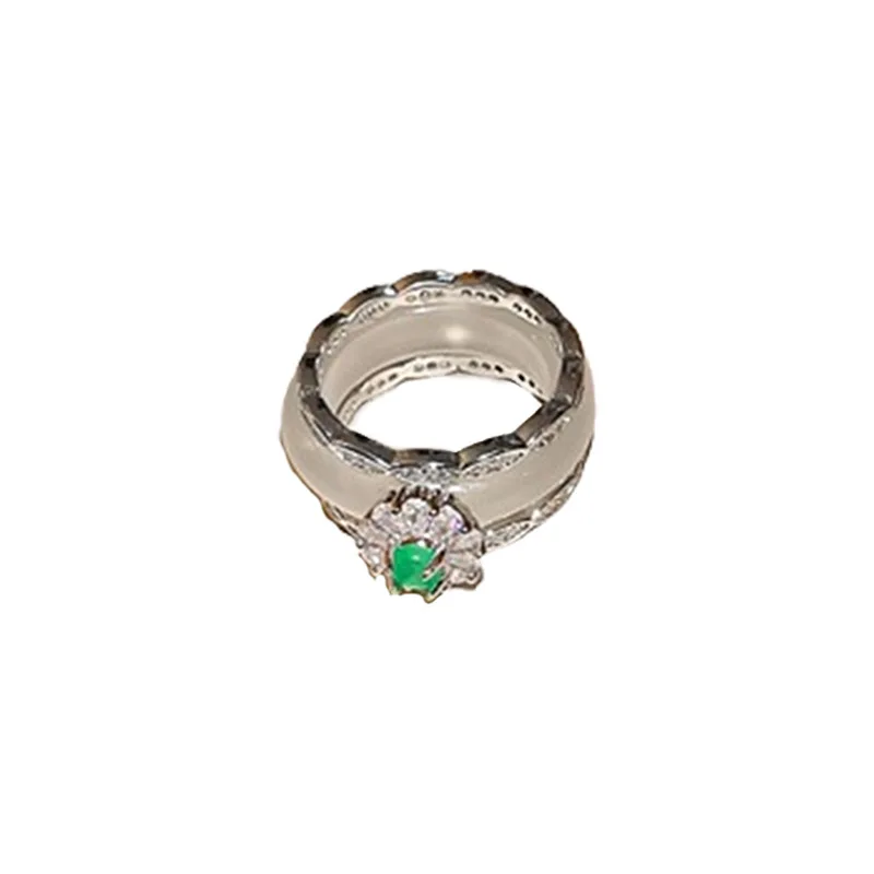 DREJEW Zircon Flower Ring Simple Design Touching Jade Index Finger Ring China-Chic Luxury High-end Hand Jewelry Women
