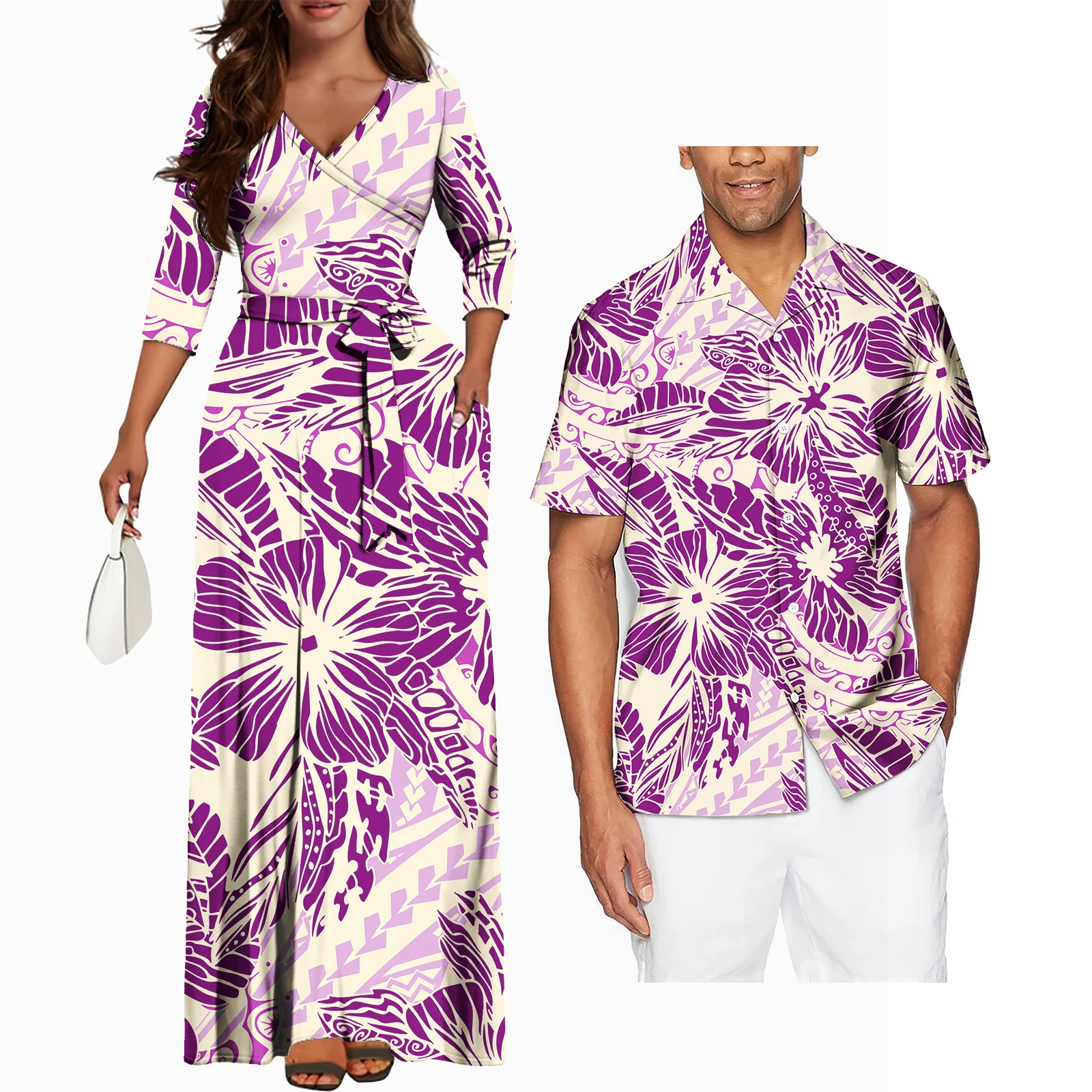 Passende Paare Kleidung Pazifik Inseln Stil Neuankömmlinge V-Ausschnitt Langarm Frauen Kleid Hawaii Insel polynes ischen Stil