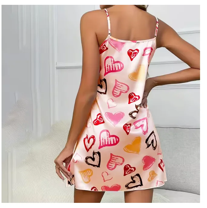 Ladies Sexy Sling Nightgown Nightdress Women\'s Sexy Lingerie Silk Satin Sleepwear Floral Pinting Nightwear Homewear Mini Dress