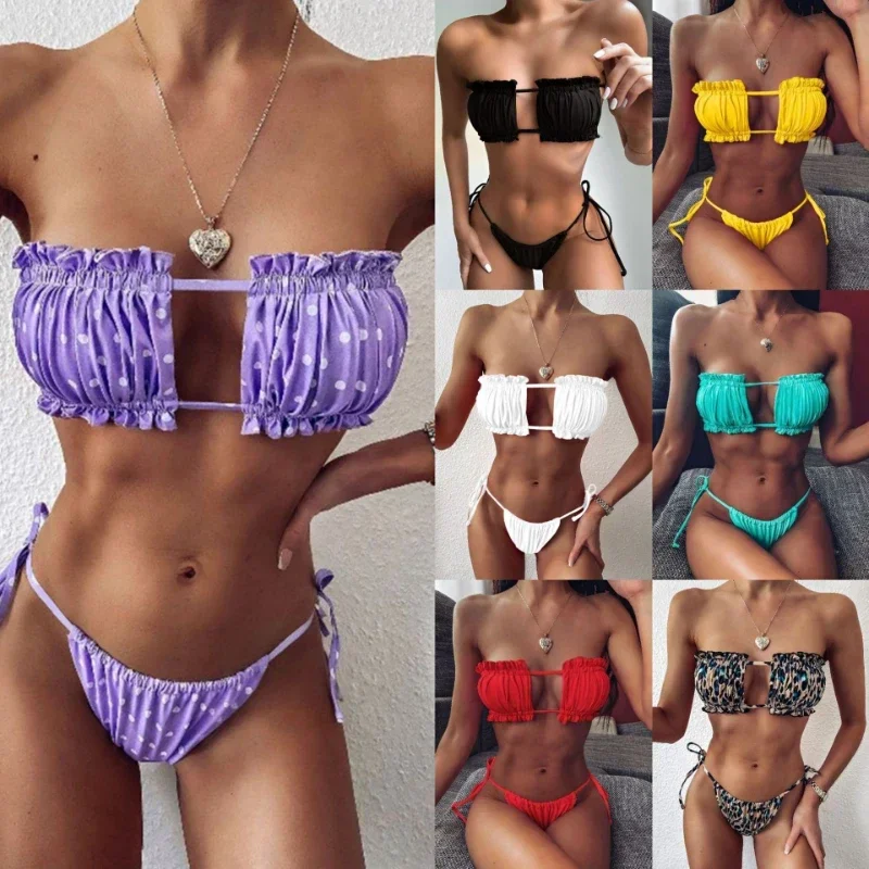 Bañador plisado para mujer, conjunto de Bikini con Tanga, ropa de playa, traje de baño Sexy