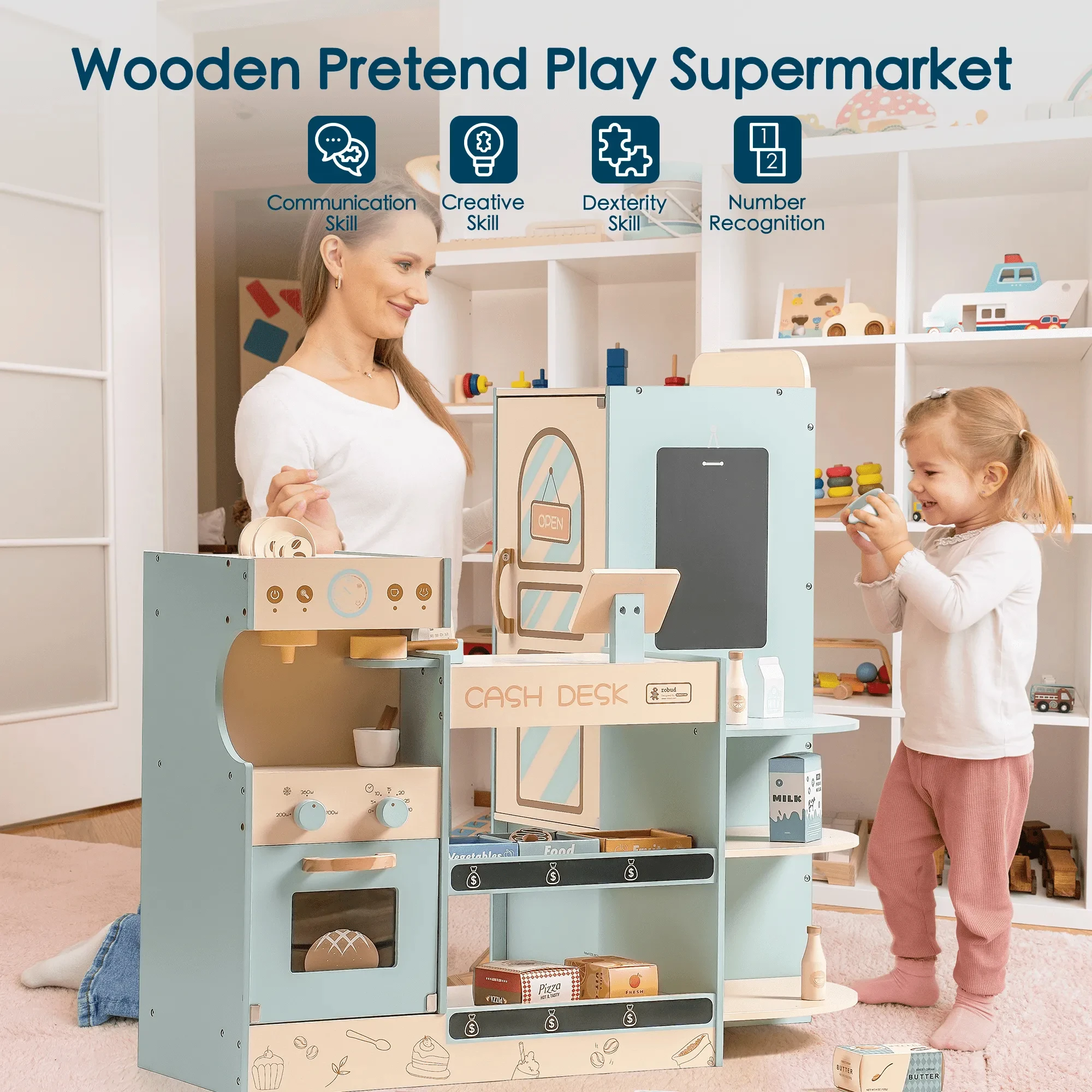 ROBUD Corner Coffee Shop Play Set Grocery Store Playset with Cash Register Chalkboard Play Food Accessories Gift for Kids 3+