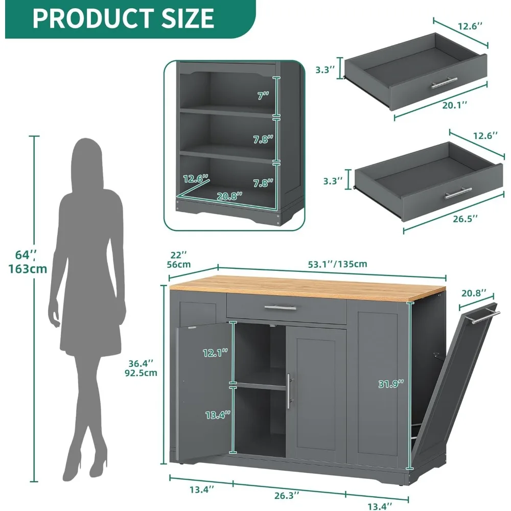 Grande îlot de cuisine roulant de 53 pouces avec armoire de rangement pour poubelles de 13 gal, Table des îles Portable avec armoire à roulettes avec 2 tiroirs