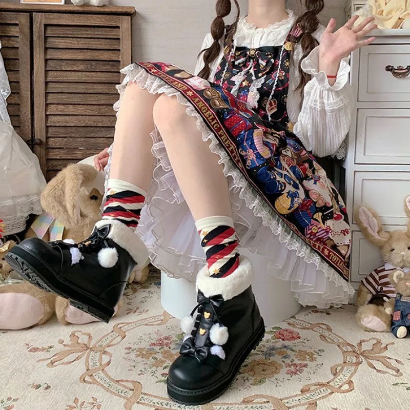 Winter Warm Lolita Boots Japanese Fluffy Round Toe Kawaii Cosplay Shoes Women Shoes Lolita Ankle Boots Loli Boot PU Leather